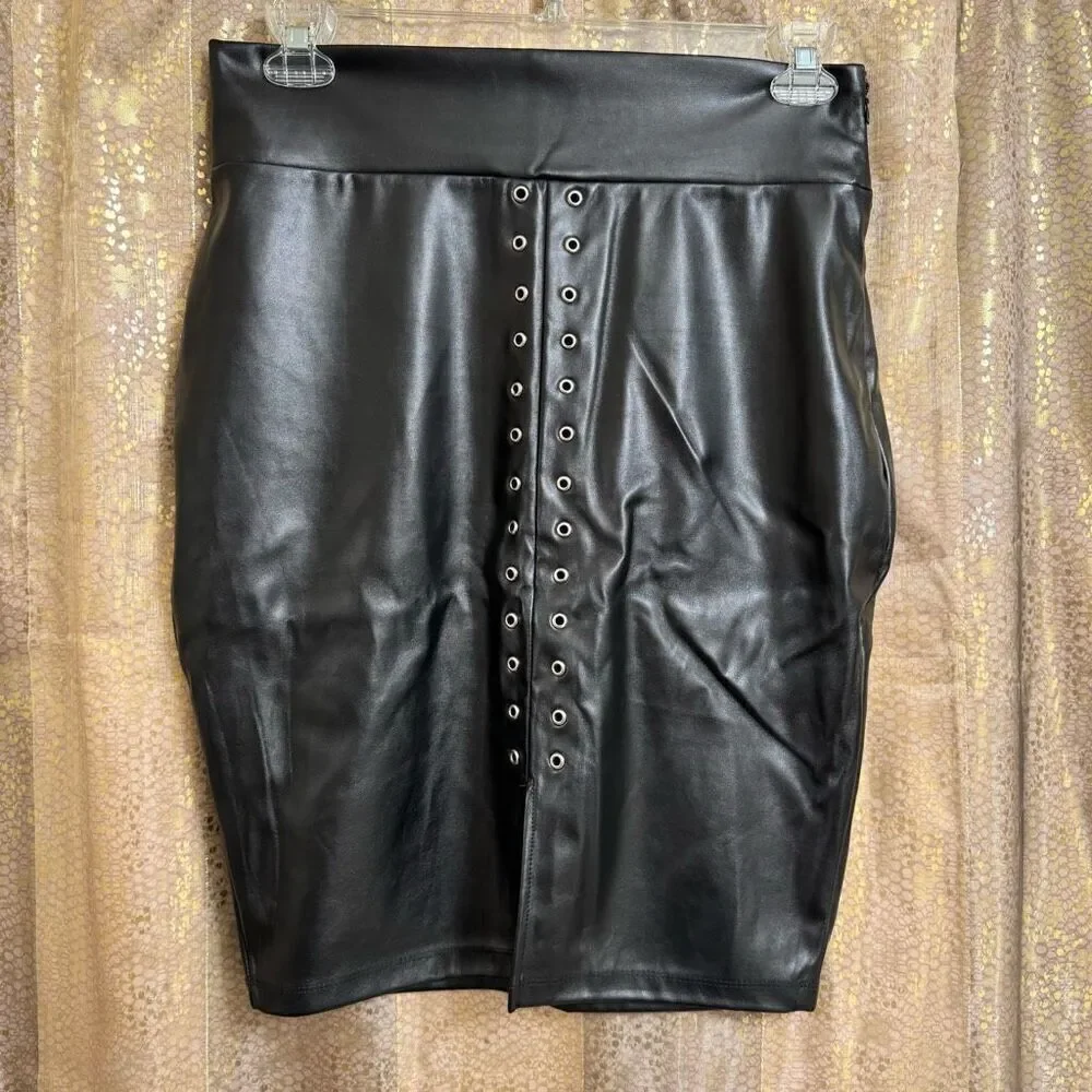 Andrea Sexy Goth Black Faux Leather Lace Up Bodycon Skirt Large